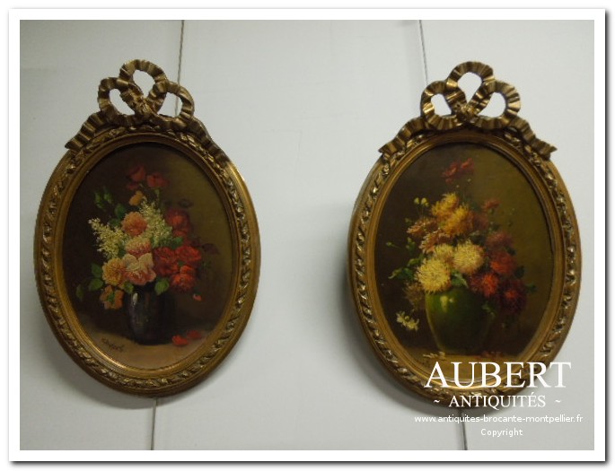 paire tableau bouquet de fleurs antiquites breocante aubert montpellier sete achat vente